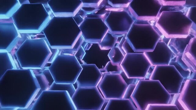 Glowing hexagonal tunnel structure with a dark background, in purple and blue hues. This modern tunnel