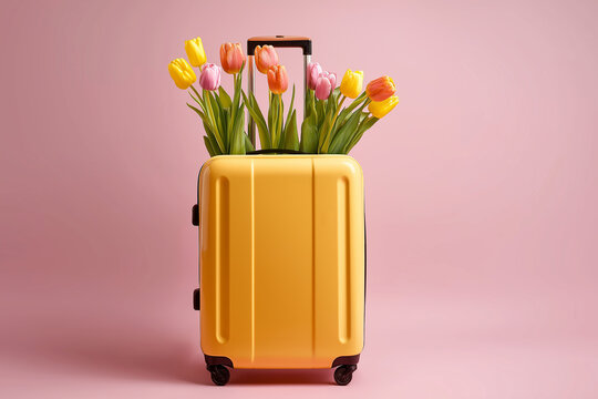 Yellow suitcase filled with pink and yellow tulips on a pastel pink studio background. Travel case overflowing with spring flowers in a minimalist composition. Spring, travel, Easter, gift.