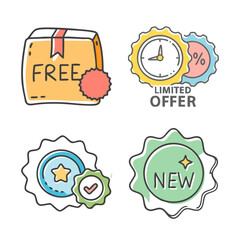 Free shipping box, limited offer clock, star rating, and new product badges