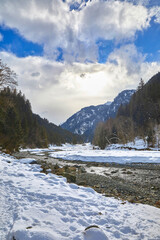 Beautiful winter hike in the Hollersbach Valley, in the Salzburg region near Bramberg, Austria.