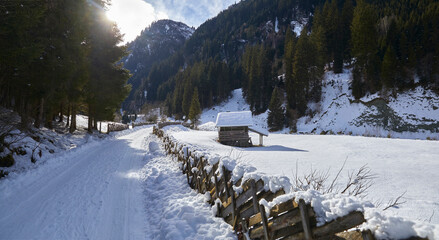 Beautiful winter hike in the Hollersbach Valley, in the Salzburg region near Bramberg, Austria.