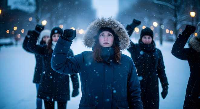 A group of women in winter coats with raised fists in a snowy urban street, conveying unity and determination. Perfect for articles on social justice, women's rights, empowerment, winter activism,