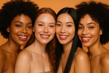 Fototapeta premium Diverse Women Portrait: Radiance of Multiracial Beauty, Celebrating Natural Skincare and Unity in Positive Representation