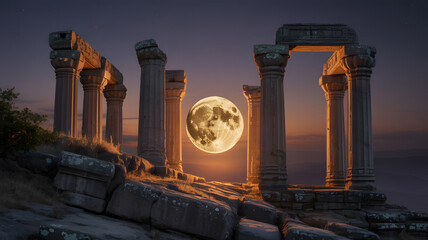 Fototapeta premium Full moon rising through ancient Greek ruins at twilight sky landscape