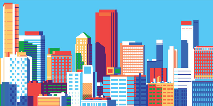 Cityscape overlooking high-rise corporate buildings in the commercial and financial center and luxury condominiums in the city center. Handmade drawing vector illustration. Pop art style poster.