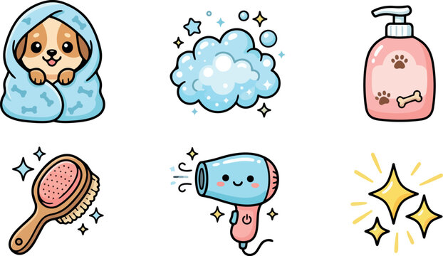 Kawaii vector set of six pet grooming icons including wrapped puppy bubbles shampoo brush hair dryer sparkles in pastel tones