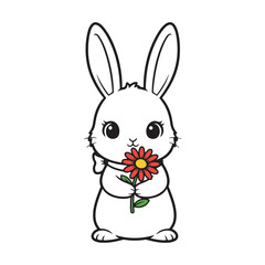 Obraz premium Cute Bunny Holding Red Daisy Flower Vector Illustration, Adorable White Rabbit Cartoon Character, Sweet Spring Floral Animal Icon