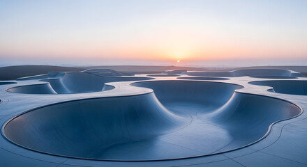 Expansive abstract concrete skatepark with smooth curves and bowls reflecting the soft hues of a serene sunrise over a misty landscape