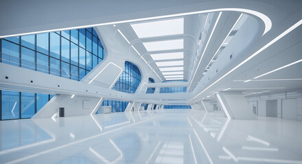 Obraz premium futuristic interior design of a modern architectural building with sleek white surfaces and large glass windows reflecting natural light creating a bright and spacious environment