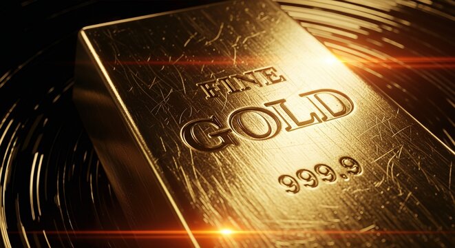 Close-up of a highly polished, scratched fine gold bullion bar stamped with 999.9 purity, glowing under dramatic warm light against a dark, abstract background.