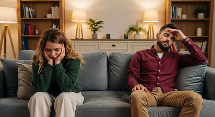 Obraz premium Stressed couple sitting separately on a couch at home, experiencing conflict, emotional distance, and relationship problems in a dimly lit living room.