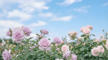 Fototapeta premium Pink Roses Blooming in Summer Garden Under Blue Sky