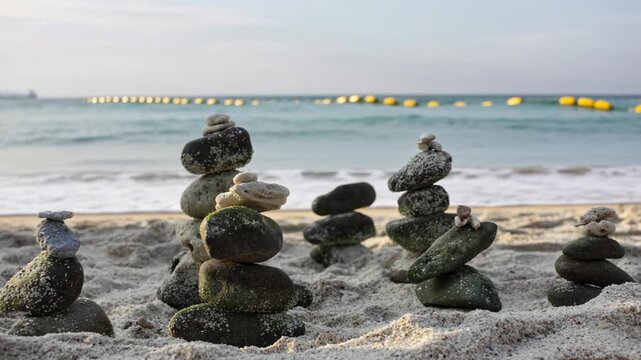 Stones balance on beach, sea shot. Meditation and relax background. High quality photo