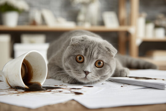 Guilty cat scottish fold gray fur orange eyes spilled coffee paper document home office messy desk clumsy pet surprised expression guilty gray Scottish Fold cat with orange eyes lying messy paper