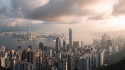 Fototapeta premium Hong Kong Cityscape at Dusk: Aerial View of Urban Skyline and Victoria Harbour, China