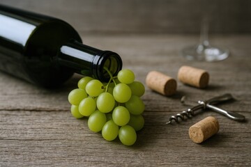Obraz premium Elegant Wine Presentation with Green Grapes, Bottle, Corks, and Corkscrew on Rustic Wood