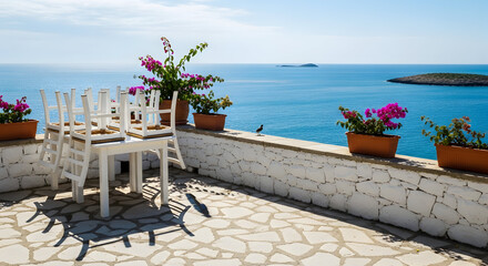 Fototapeta premium A charming white table and chairs set on a sunlit terrace overlooking the sparkling blue sea and distant islands adorned with vibrant pink flowers