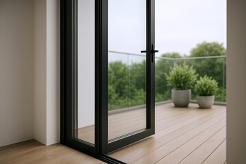 Fototapeta premium Open Balcony Door Leading to Outdoor Terrace with Green Plants, Modern Apartment Interior