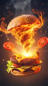 Gourmet cheeseburger exploding with fire and smoke. Dynamic camera movement around floating ingredients.