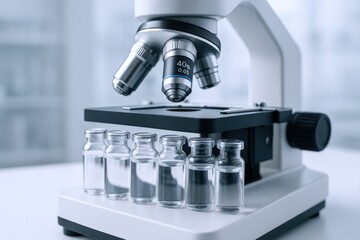 Fototapeta premium Microscope Analyzing Liquid Samples: Scientific Research and Development in Medical, Chemical, and Pharmaceutical Industries