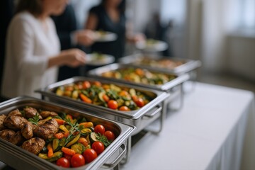 Obraz premium Elegant Catering Buffet Display with Fresh Vegetables, Grilled Chicken, and Attentive Service for Special Events