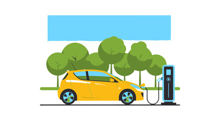 Naklejka premium Yellow Electric Car Charging at Outdoor Station with Green Trees Symbolizing Modern Sustainable Energy