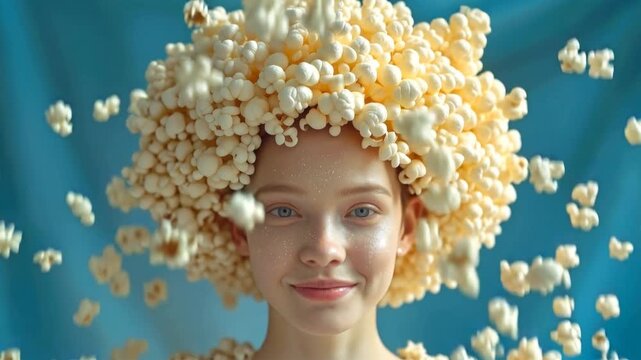 Fair-skinned young woman with surreal popcorn afro smiling at camera. Popcorn kernels falling around her face against blue background. Lockdown close-up shot.