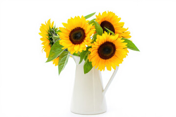 Obraz premium Sunflower bouquet in white ceramic pitcher isolated on pure white background