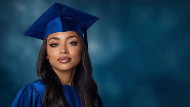 Bright smile radiates from a young student dressed elegantly in a graduation gown and cap. Black woman in blue. School photo