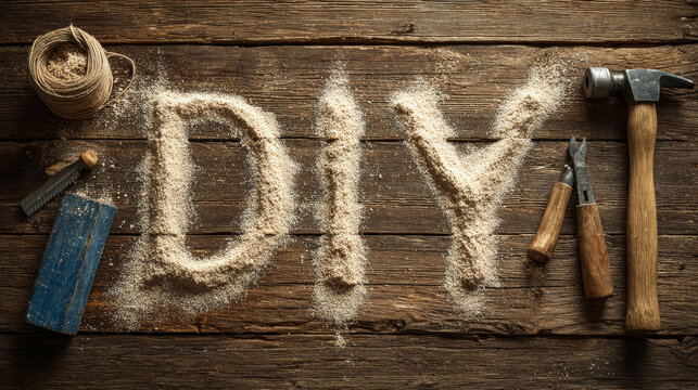 DIY woodwork tool tabletop, rustic carpentry background with sawdust letter, hammer, twine and plier mood, creative home improvement concept and hobby craft scene