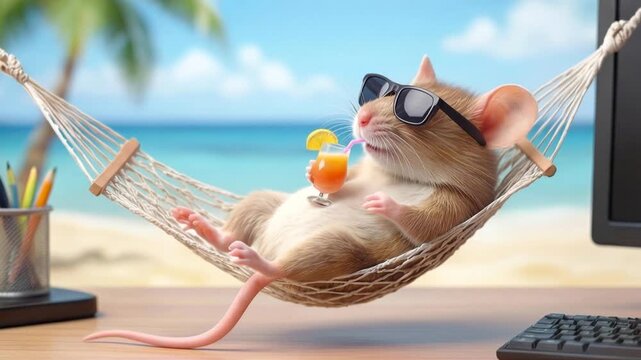 Small mouse relaxing in hammock with tropical drink on office desk. Surreal vacation concept.