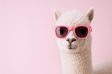 Fototapeta premium Cool Alpaca Portrait with Pink Sunglasses Against a Pink Background, Animal Humor, Funny