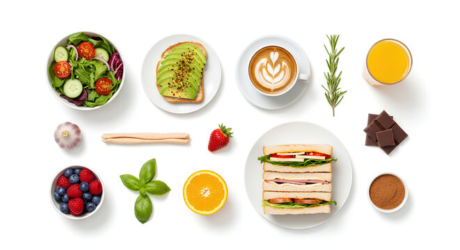 Healthy Breakfast and Lunch Spread with Coffee and Juice.