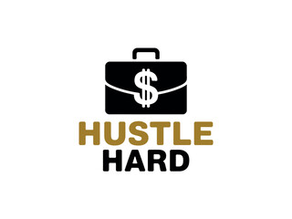 Obraz premium Hustle Hard Motivational Quote Logo with Briefcase and Dollar Sign Symbol