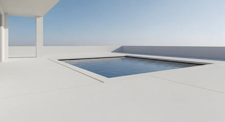 Modern minimalist white terrace with a pristine swimming pool reflecting the clear blue sky on a bright sunny day