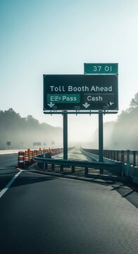 Roadside Signage Directing Traffic Towards Toll Booth Ahead On A Misty Highway Destination