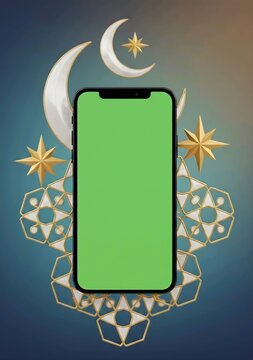 Smartphone with Green Screen on moin and stars background 