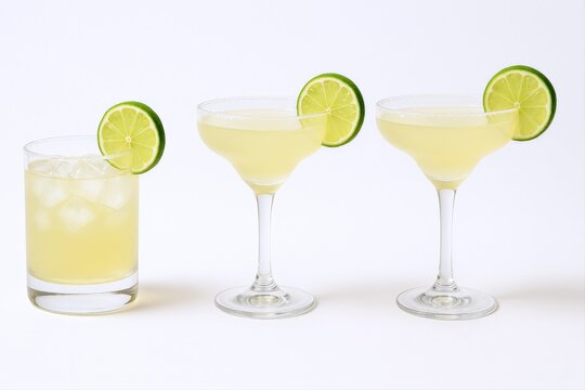 Refreshing Margarita Cocktails with Lime Garnish in Various Glasses on a White Background, Perfect for Summer Celebrations