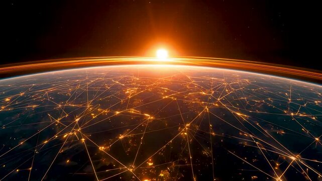 Planet Earth from space at night showing glowing orange city lights network across dark surface with bright sunrise on horizon