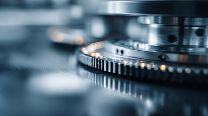 Industrial gear metal gear steel gear mechanical gear precision gear engineering machinery industry technology closeup metal gear in blue light background shining reflection bokeh