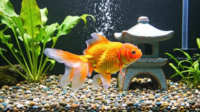 A goldfish swims in a tank with stones, plants, and a small decorative pagoda structure and oxygen bubbles