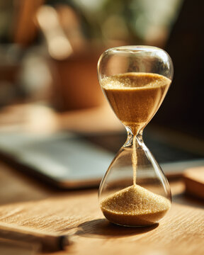 Hourglass time deadline countdown hourglass with sand time management focus schedule productivity urgency glass hourglass with golden sand wooden desk warm sunlight creating calm workplace mood
