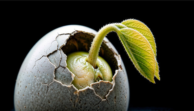 Vibrant green sprout emerging from cracked eggshell against black background &mdash; powerful symbol of rebirth and new life