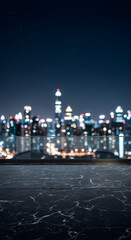 Fototapeta premium modern city skyline at night with glowing lights seen from a rooftop terrace overlooking the urban landscape with bokeh effect