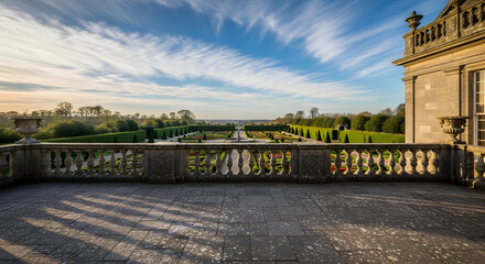 Fototapeta premium Majestic stone balcony overlooks formal gardens and expansive landscape under a dramatic sky with wispy clouds