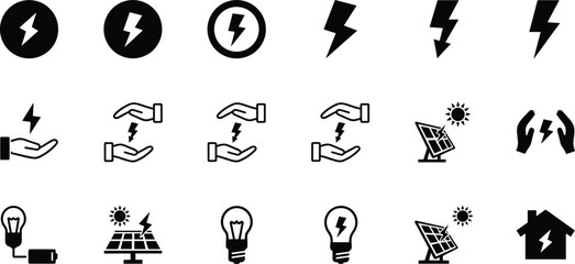 Fototapeta premium electric energy icons set, lightning bolt power solar panel battery light bulb renewable electricity symbol collection for technology