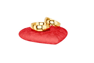 Fototapeta premium Two Gold Wedding Rings on a Red Heart Isolated on Transparent Background