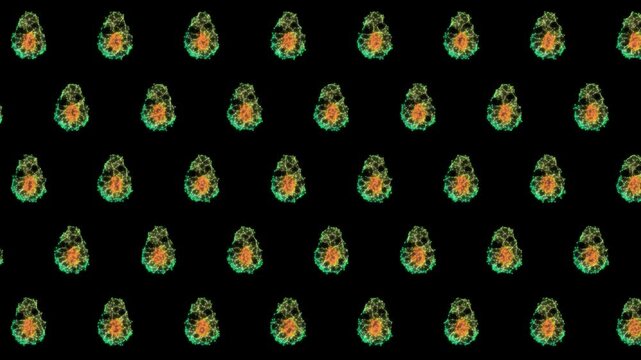 Geometric Avocado Pattern on Dark Background, Animated Abstract Green Orange Fruit Motion Graphics Seamless Loop, 4K