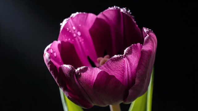 Close-up of a purple tulip flower with water droplets against a dark background