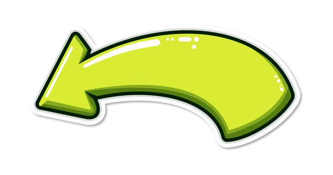Green curved arrow sticker with white border in cartoon style